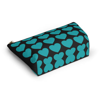 Heart Pattern Accessory Pouch – Teal Hearts on Black Makeup Bag