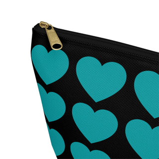 Heart Pattern Accessory Pouch – Teal Hearts on Black Makeup Bag