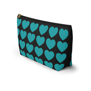 Heart Pattern Accessory Pouch – Teal Hearts on Black Makeup Bag