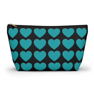 Heart Pattern Accessory Pouch – Teal Hearts on Black Makeup Bag