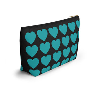 Heart Pattern Accessory Pouch – Teal Hearts on Black Makeup Bag